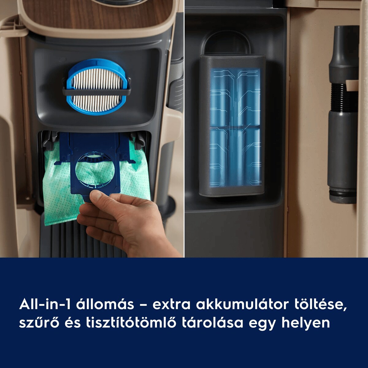 All-in-1 állomás – extra akkumulátor töltése, szűrő és tisztítótömlő tárolása egy helyen