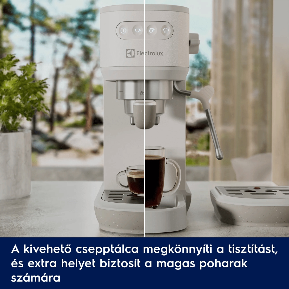 A kivehető csepptálca megkönnyíti a tisztítást, és extra helyet biztosít a magas poharak számára