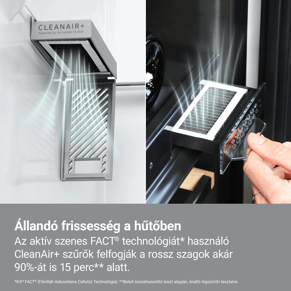Állandó frissesség a hűtőben Az aktív szenes FACT® technológiát* használó CleanAir+ szűrők felfogják a rossz szagok akár 90%-át is 15 perc** alatt. *KX® FACT® (Fibrillált Adszorbens Cellulóz Technológia). Belső összehasonlító teszt önálló légszűrőn, a vállalat saját tesztelési módszere alapján.