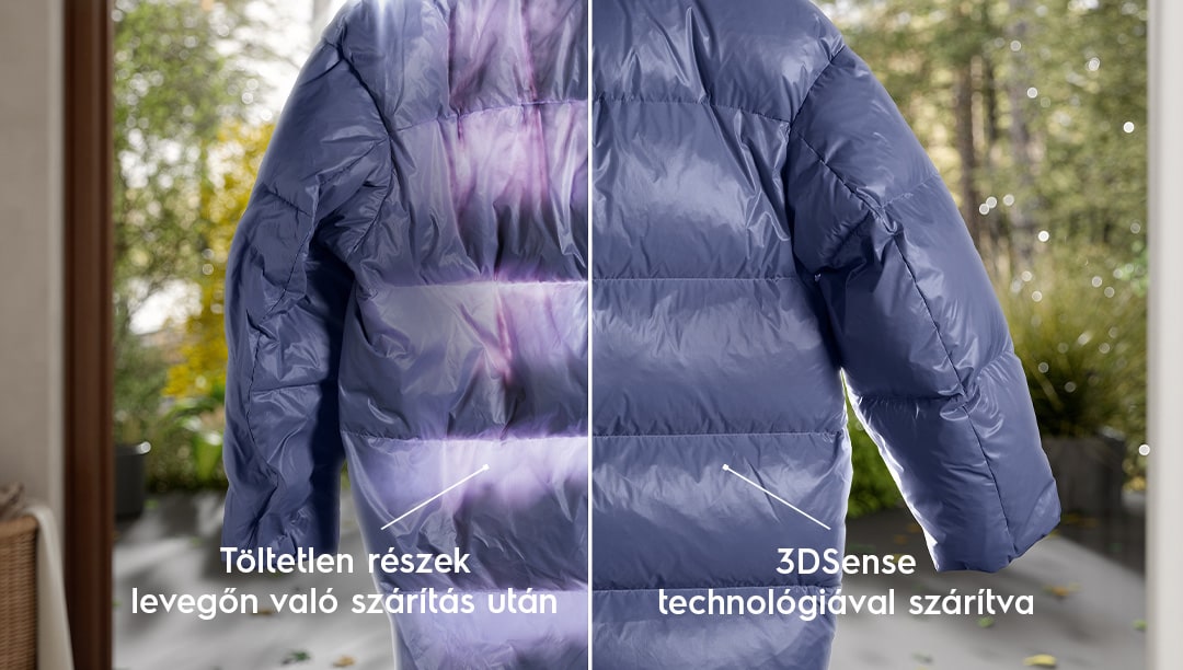 Lila kabát kontrasztos árnyalatokban zöld háttér előtt.