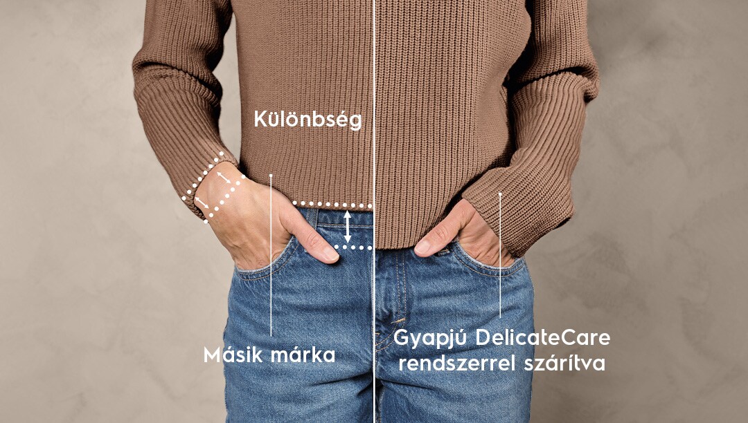 Közeli kép: egy nő bézs pulóverben és farmerben.